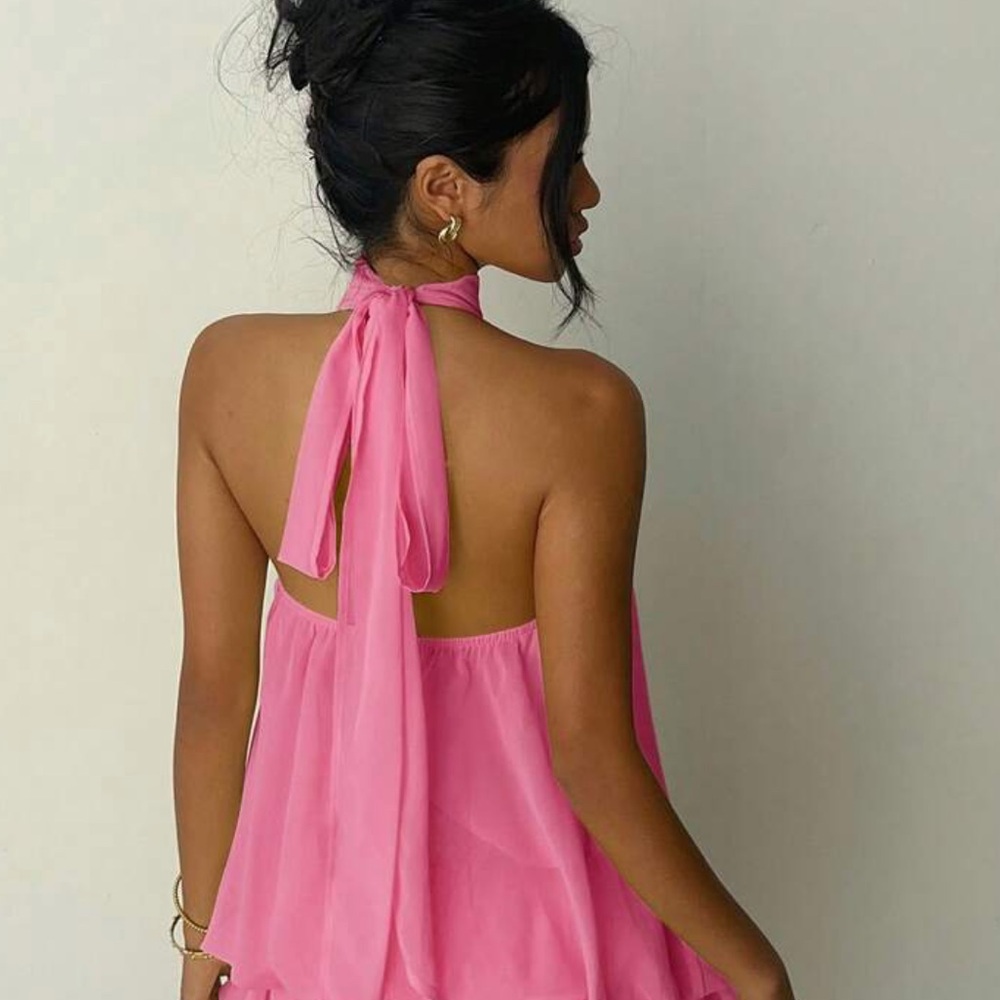 Pink Halter Chiffon Layered Mini Dress/ romper - Picture 3 of 8